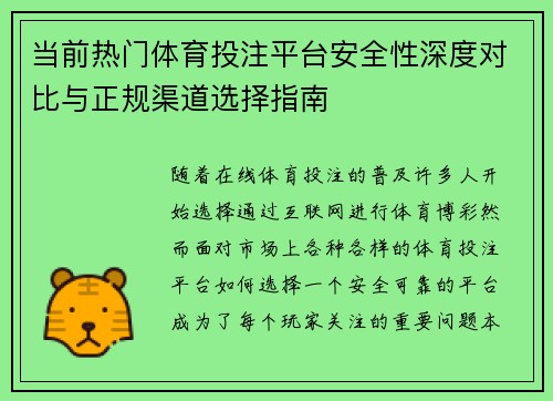 当前热门体育投注平台安全性深度对比与正规渠道选择指南